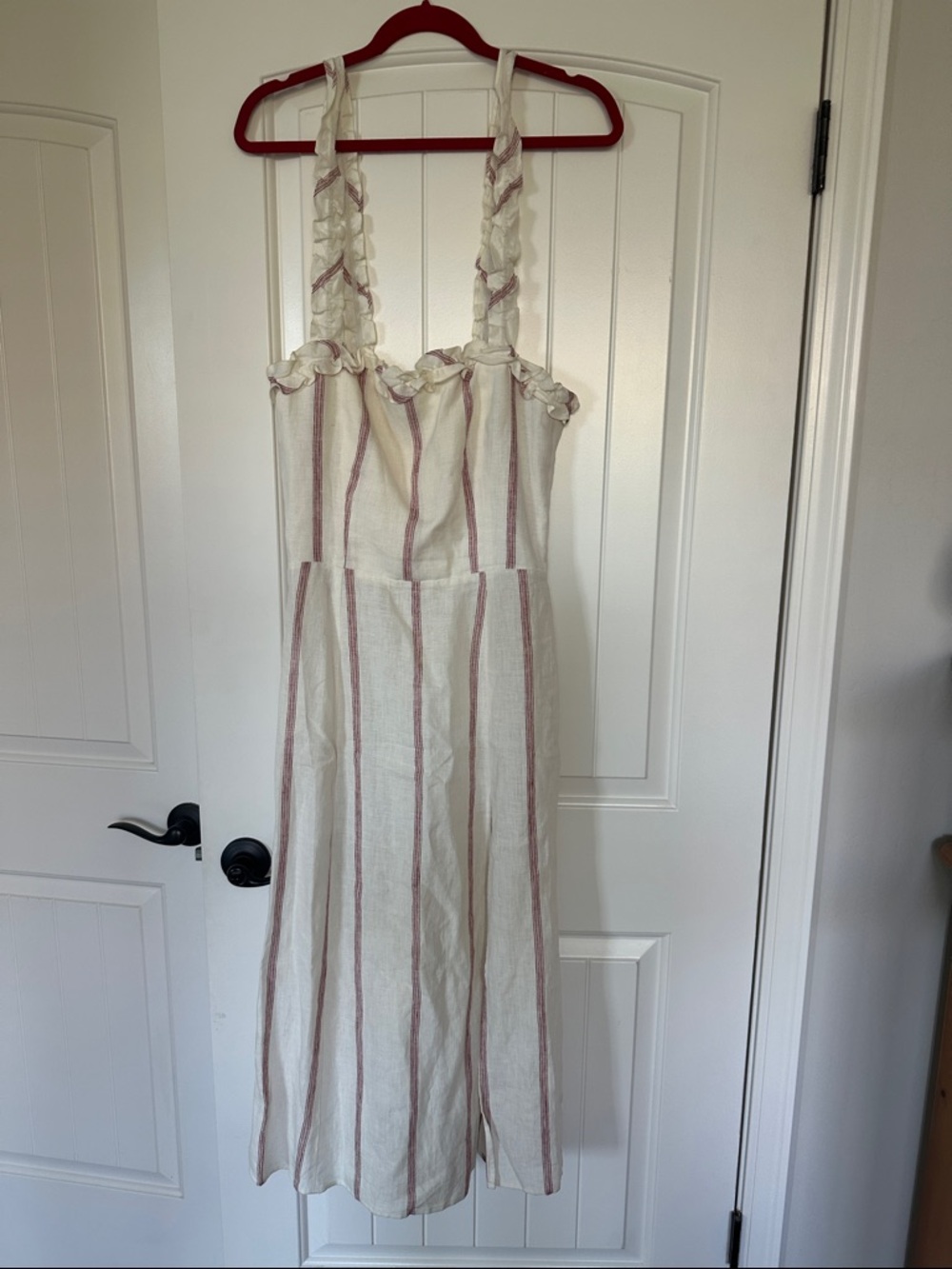 Reformation Tagliatelle Linen Dress red lavender stripe size 8 DAMAGED